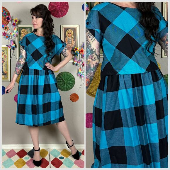 Vintage Dresses & Skirts - Vintage 1970s Blue and Black Buffalo Plaid Short Sleeve Midi Dress Set